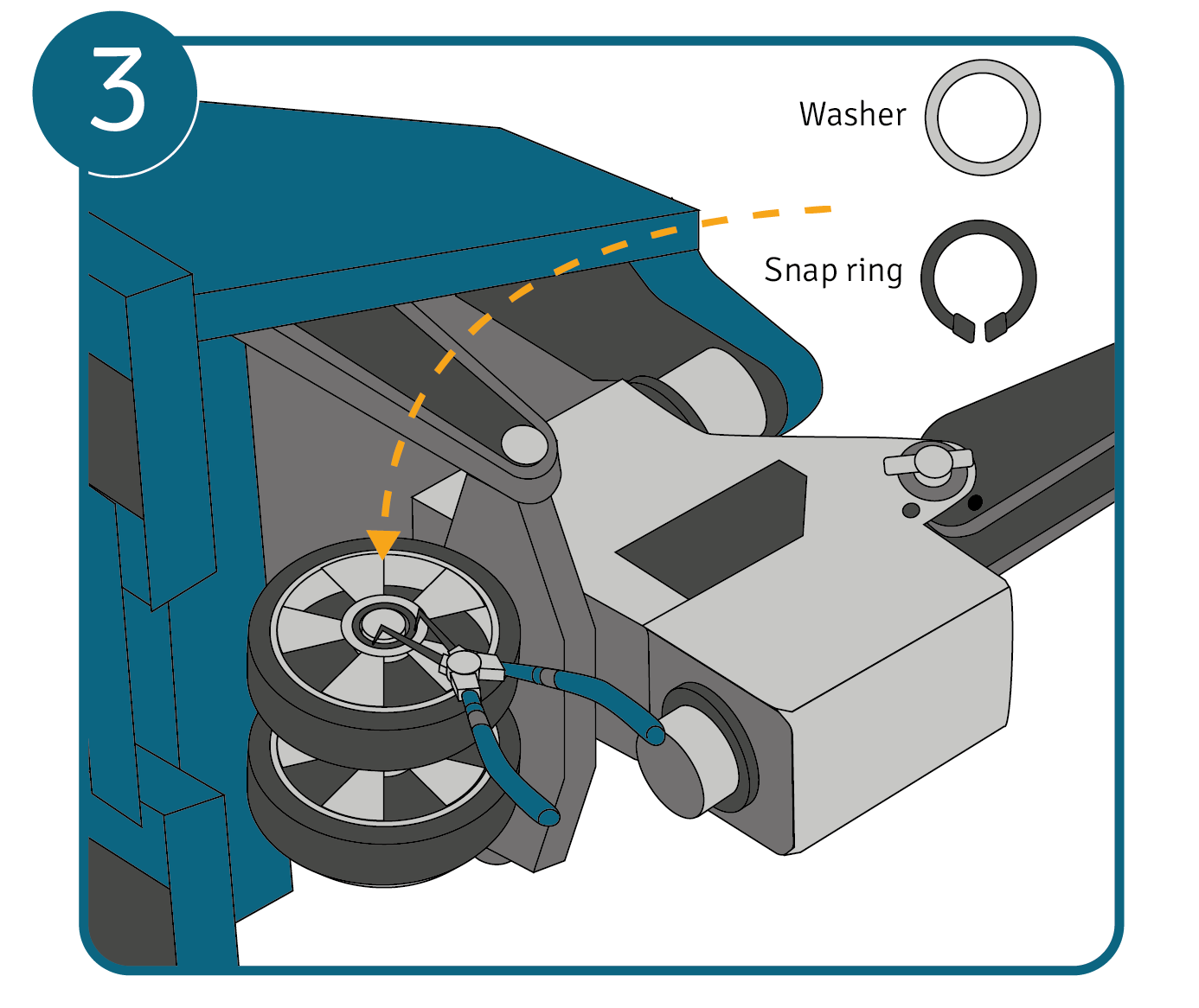 A pallet truck positioned on its side with a snap-ring pliers removing the snap ring and washer