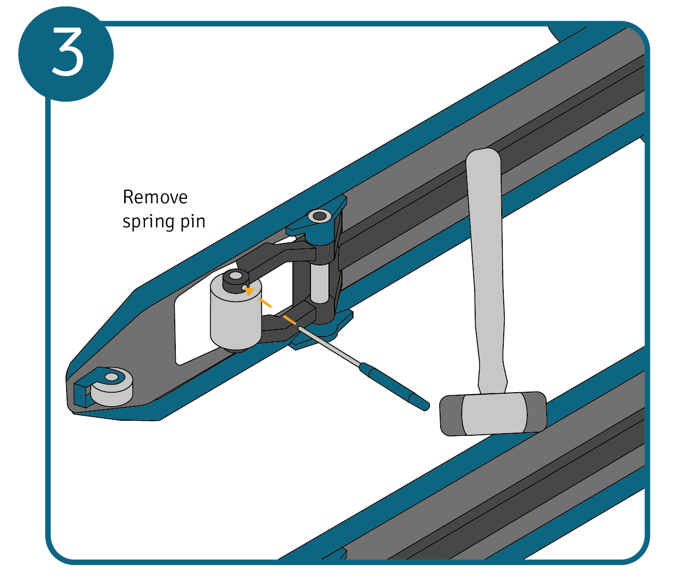 A pallet truck positioned on its side with hammer and pin punch removing the spring pin