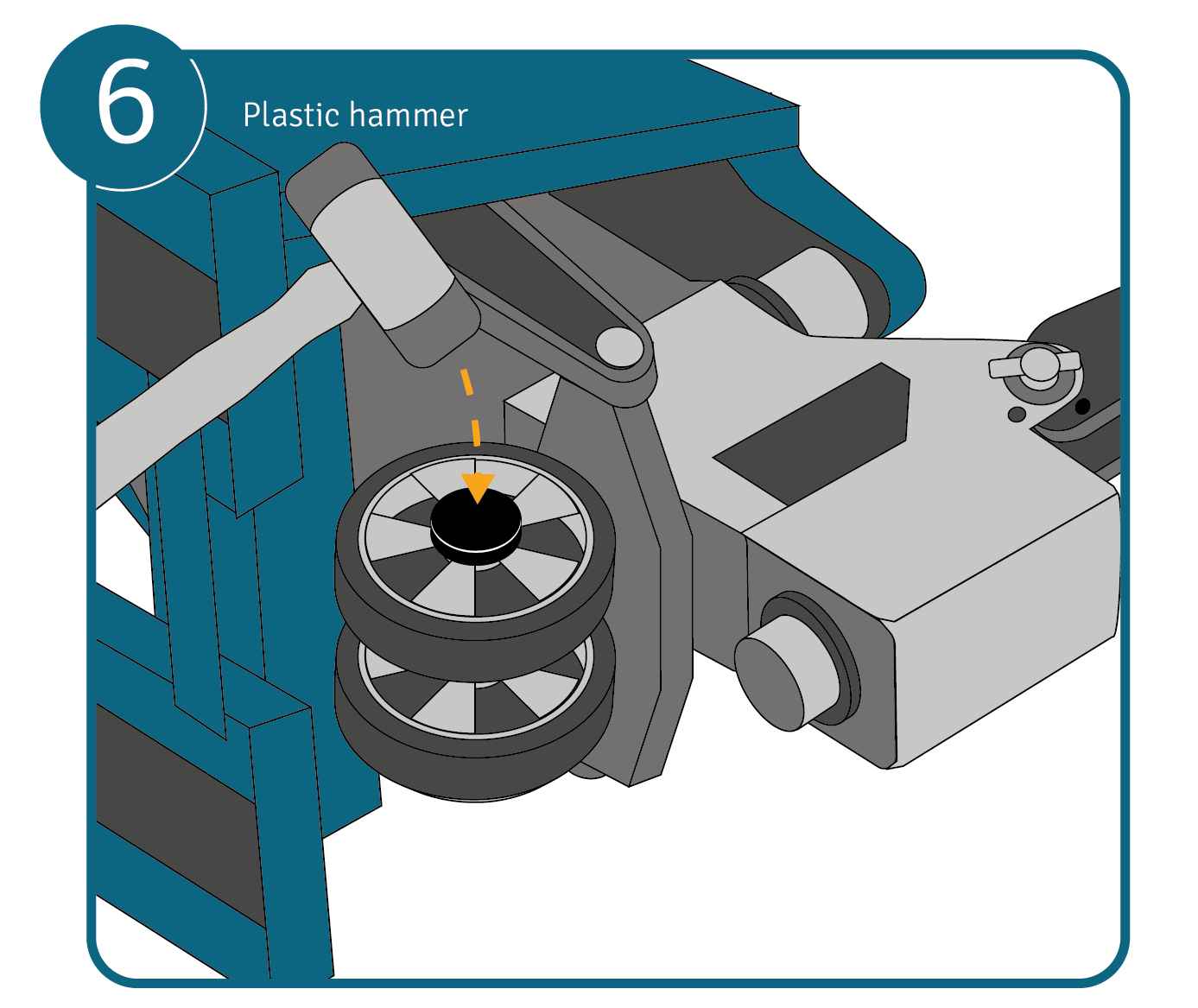 A pallet truck positioned on its side with hammer securing the cap back into place